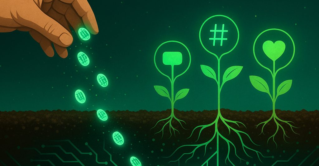 hand planting glowing sees that grow into hashtags and other publishing metaphors.