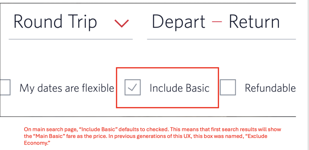 "Include Basic" option checked on Delta flight search