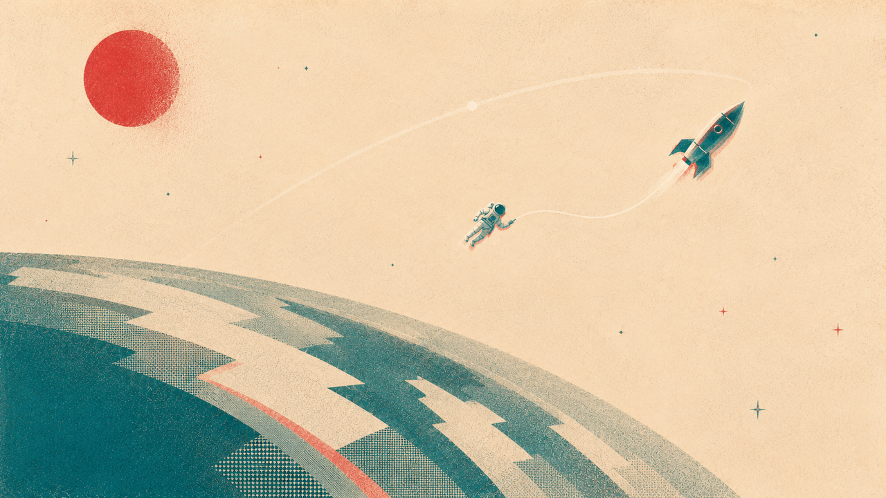 a rocket ship in orbit and an astronaut in the orbit