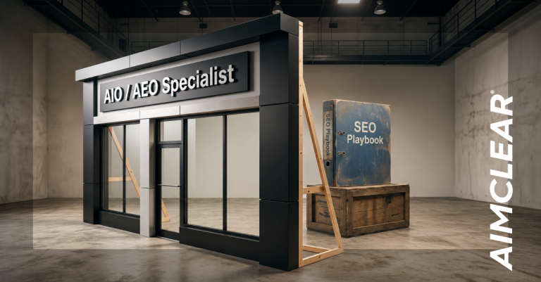 A modern “AIO / AEO Specialist” storefront facade partially hides a dusty “SEO Playbook” binder sitting on a wooden crate.